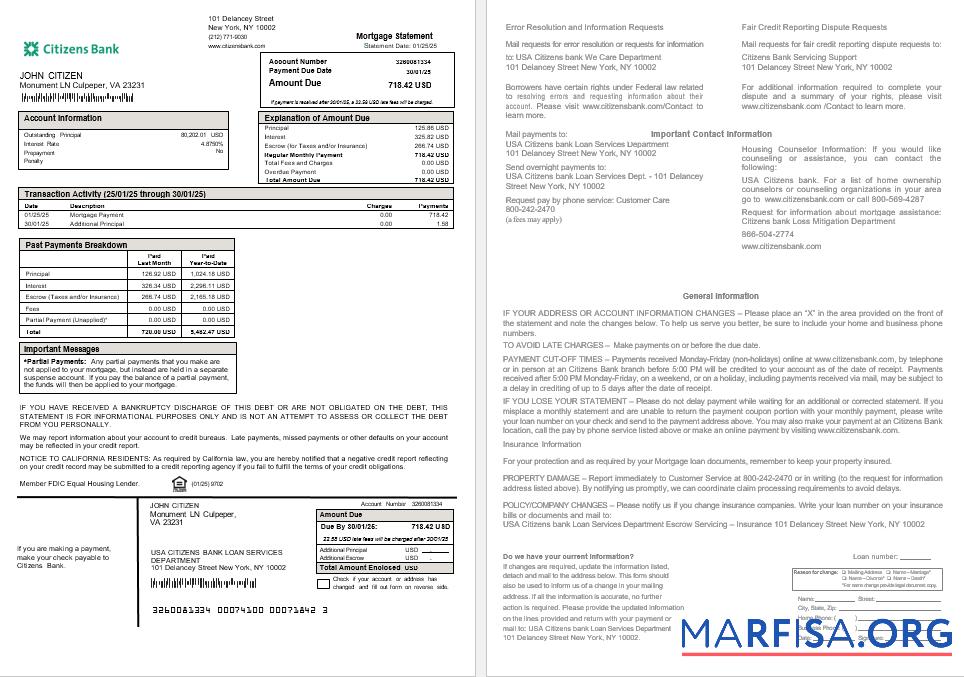 Blank USA Citizens bank mortgage statement in Word and PDF formats template